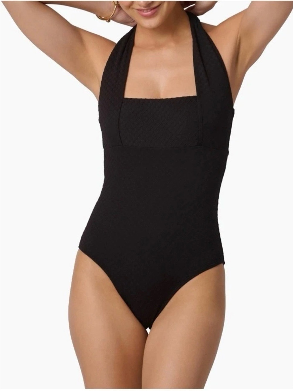 New Shoshanna One Piece Swimsuit Women Size 12 Black Square Halter Ribbed $250